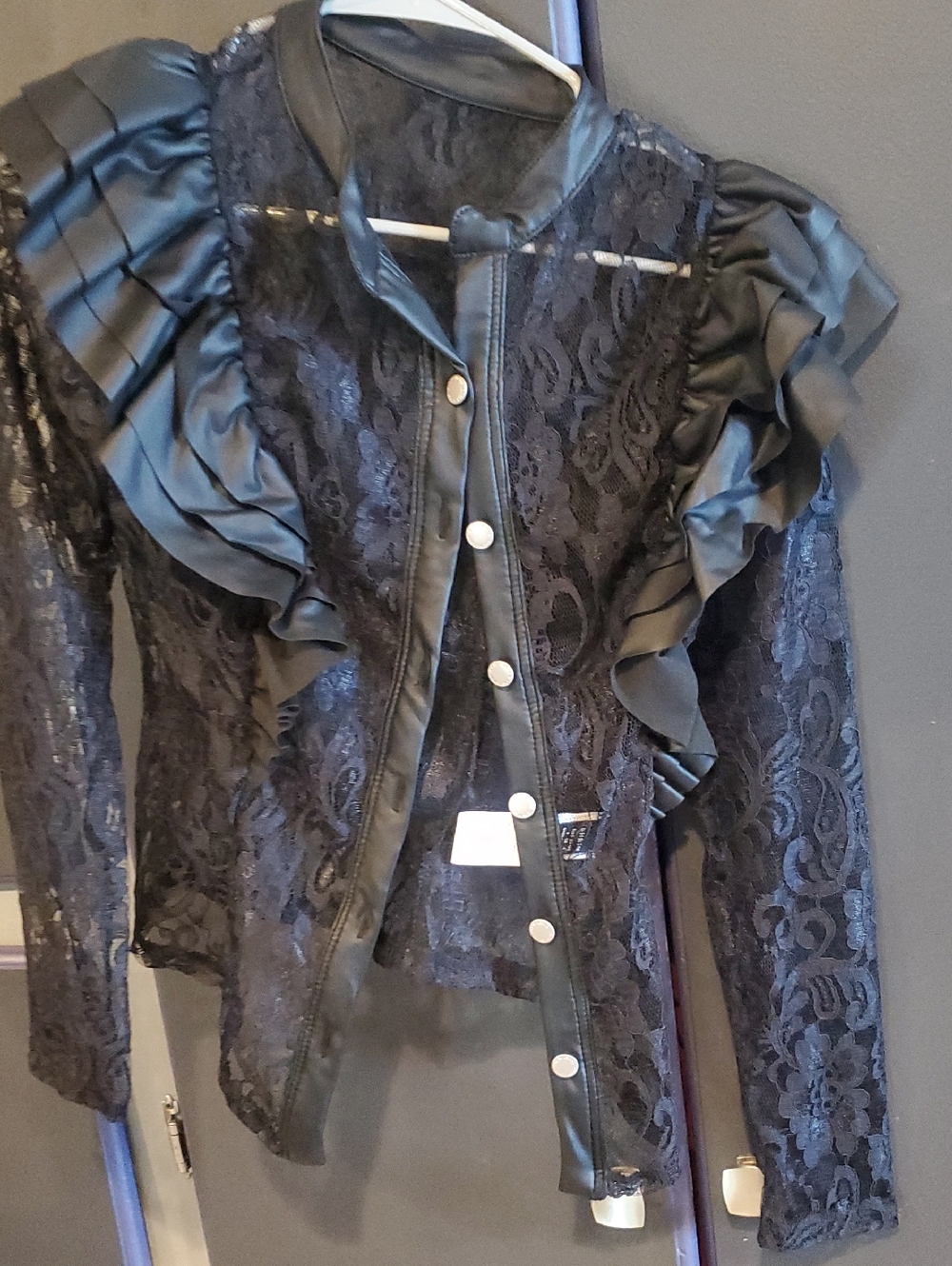 SheIn Black Lace Ruffle Button-Front Women's Top